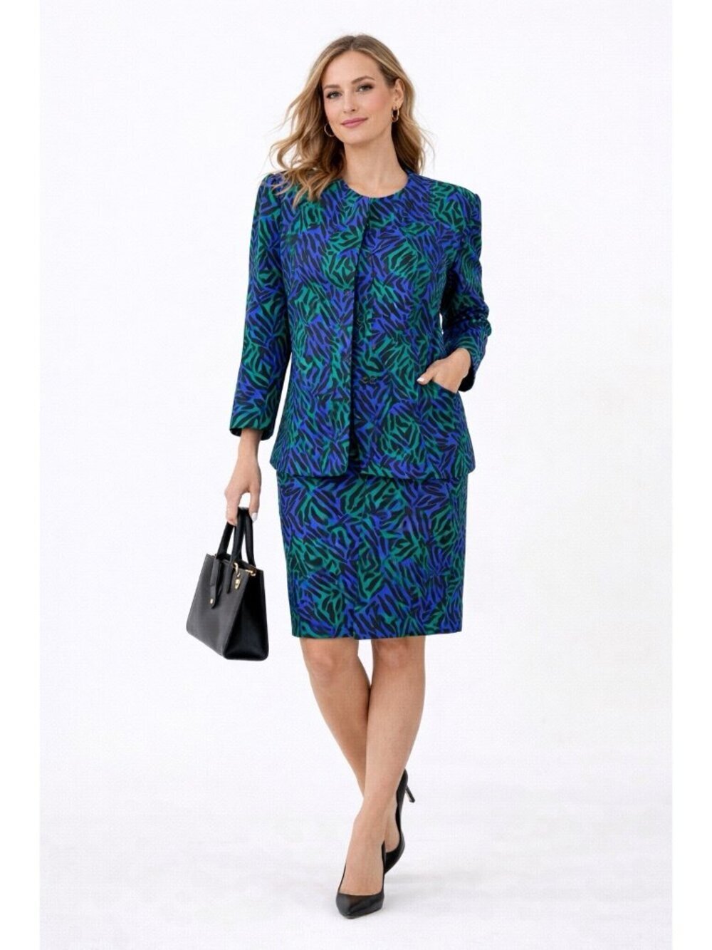 vintage 90s Y2K 2 piece skirt suit business 8 green purple geometric silky retro